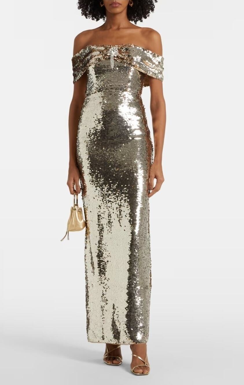 NWT $870 Saloni Therese Pale Gold Gathered Sequin Off The Shoulder Midi Gown 2
